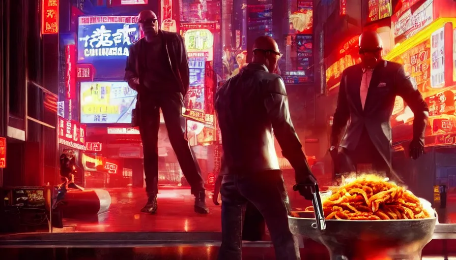 Prompt: samuel l jackson and johnny silverhand in night city eating chinese takeaway, cyberpunk 2 0 7 7, rendering, wallpaper, concept art, digital art