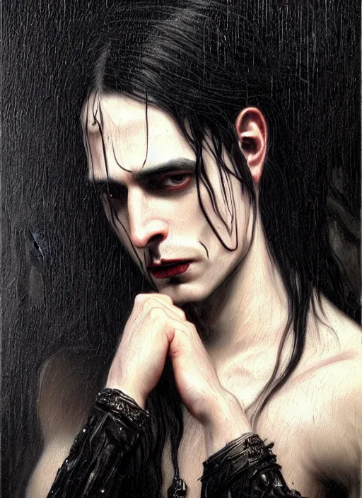 Image similar to highly detailed oil painting | very intricate | cinematic lighting | black, white and blood color scheme, dark background | portrait of a exquisite beautiful vampire man with long elegant tangles of black hair, eyes, gothic fog ambience, hyper realistic head, fantasy victorian art, in the style of greg rutkowski, zdizslaw beksinski, intricate, alphonse mucha