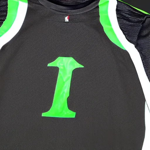 Image similar to A black and green basketball jersey, white background, 3d,