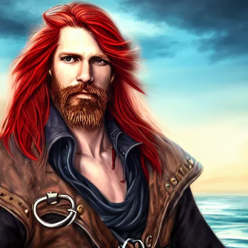 Prompt: portrait of a rugged!!!! male captain with long red hair!!!!!!, upper body, flowing hair, ethereal, handsome, smirk, leather coat, pirate!!!!!!!, ocean, D&D, fantasy, simple clothing!!!!, elegant, highly detailed, digital painting, deviantart, artstation, concept art, sharp focus, illustration, art by Artgerm and Greg Rutkowski and Alphonse Mucha