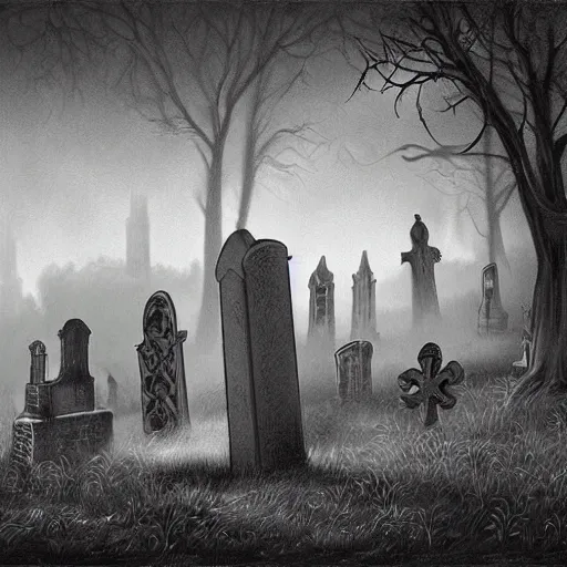 Image similar to an endless eerie graveyard with ancient ornate tombstones, misty, strands of fog, catacomb in background, frame is flanked by dark trees, creepy, night, finely detailed photorealistic black and white pencil drawing