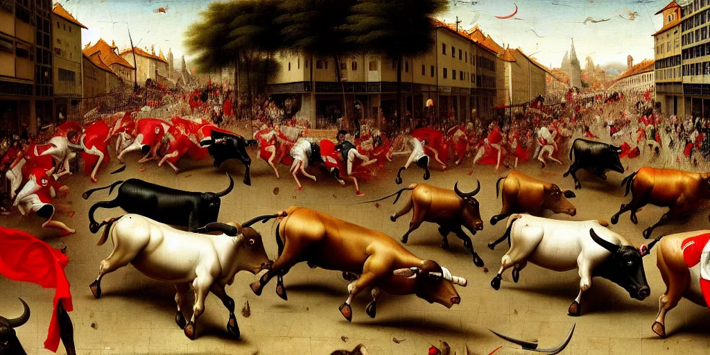 Image similar to the running of the bulls in pamplona, hundreds of people are fleeing from rampaging bulls in the city streets, art by hieronymus bosch, intricate, elegant, highly detailed, smooth, sharp focus, artstation