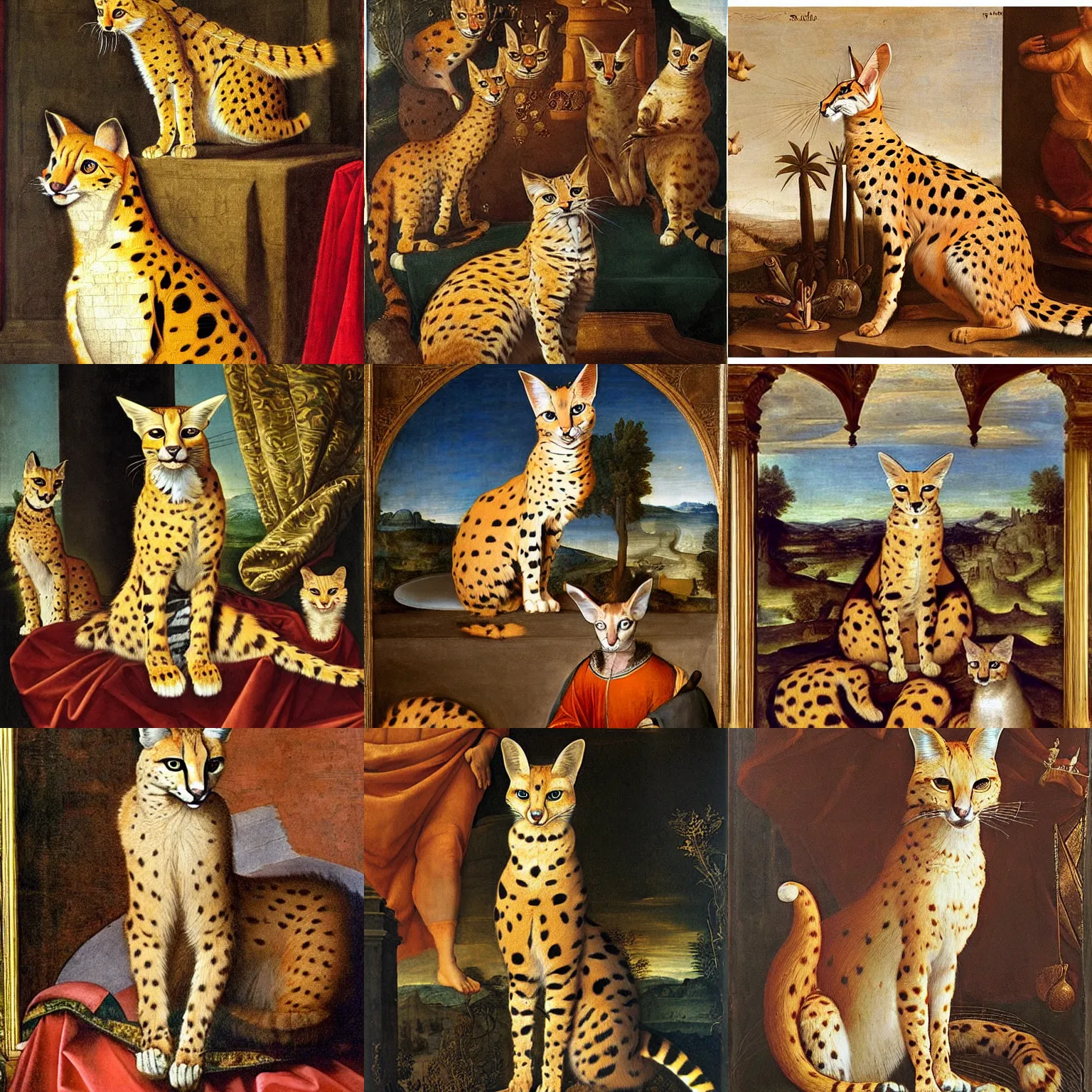 Prompt: renaissance painting of a serval cat as a monarch sitting upon a grand throne, surrounded by their subjects, depiction of society, serval cat, painting by leonardo davinci