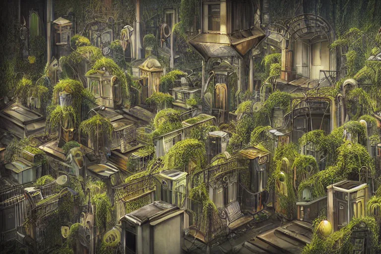 Image similar to elegance futuristic foliage overgrowing favela graveyard honeybee hive, art nouveau environment, industrial factory, award winning art, epic dreamlike fantasy landscape, ultra realistic,