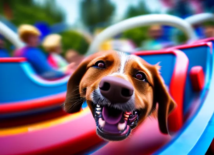 Prompt: film still of a dog riding a roller coaster in disneyland paris, 8 k