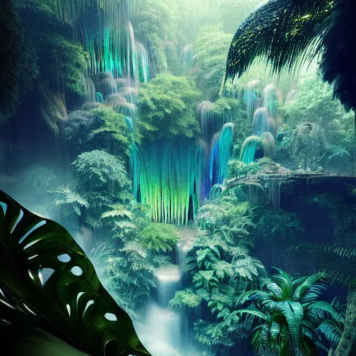 Prompt: iridescent opalescent landscape tropical forest, waterfall, : by michal karcz, daniel merriam, victo ngai and guillermo del toro : ornate, dynamic, particulate, intricate, elegant, highly detailed, centered, artstation, smooth, sharp focus, octane render
