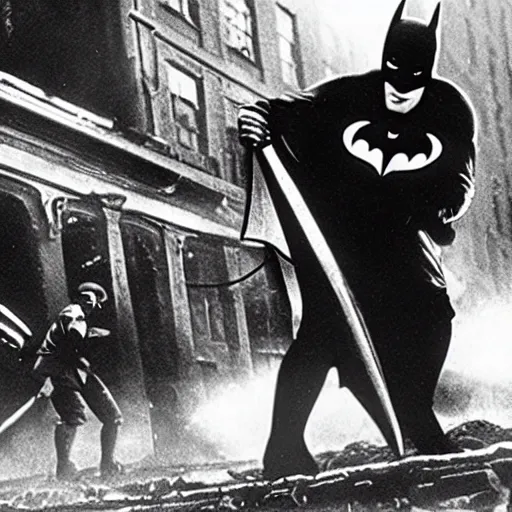 Image similar to a close - up old black and white photo, 1 9 1 3, depicting batman fighting a bad guy in an ally of new york city, rule of thirds, historical record