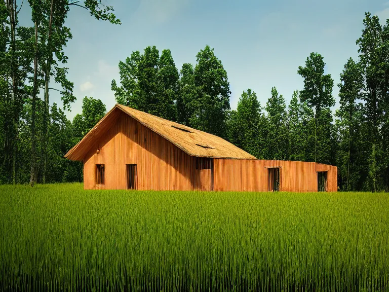 Image similar to hyperrealism photography of beautiful detailed eco house around the forest in small ukrainian village by taras shevchenko and wes anderson, wheat field behind the house