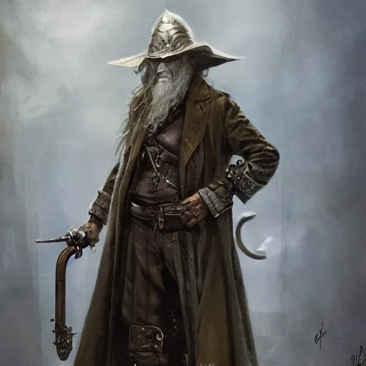 Image similar to steampunk gandalf, full body, fine details, gears, depth, painted by seb mckinnon, high detail, digital art, painted by greg rutkowski, trending on artstation