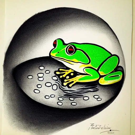 Prompt: zen, frog on the pond, ink