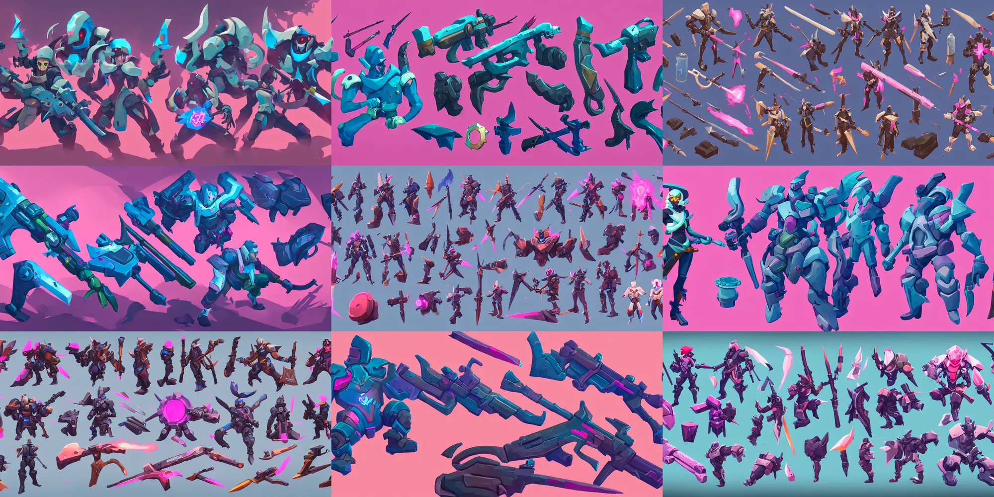 Prompt: game asset of destinty weapons, in gouache detailed paintings, props, stylized, 2 d sprites, kitbash, arcane, overwatch, blue and pink color scheme, 8 k, close up