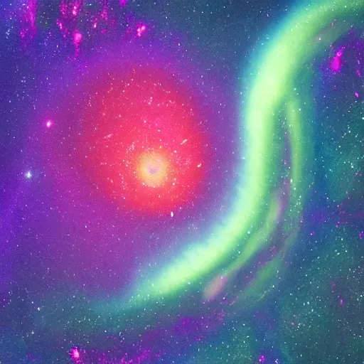 Image similar to a photo split into three horizontal layers. the top layer is the auora borealis. the middle layer is a mix between a giant squid, killer whale, and crab which swims under water amongst a school of colorful fish. the bottom layer is galaxies of outer space. 4 k, realistic
