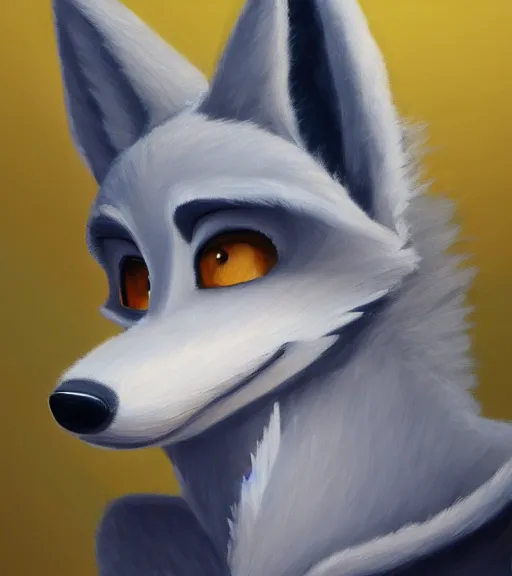 Image similar to oil painting of anthromorphic furry female wolf, in style of zootopia, female fursona, furry, furaffinity, 4 k, deviantart, furry art, fursona art, wearing black business suit, business suit, wolf fursona, expressive feminine face, female,