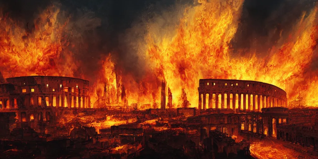 Image similar to Painting of the great fire of rome, abstract, realism, 8k, detailed, terror, octane render, 3d render, complex emotion, glow