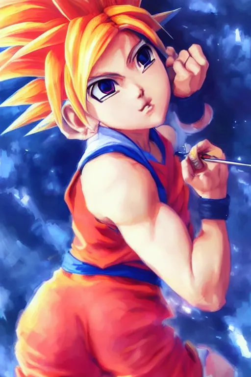 Prompt: kawaii female version of goku, painting by WLOP and artgerm