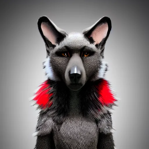 Prompt: anthro furry canine with black and red fur in a military outfit, 4 k, detailed, global illumination, chromatic aberration, studio lighting, strong pose