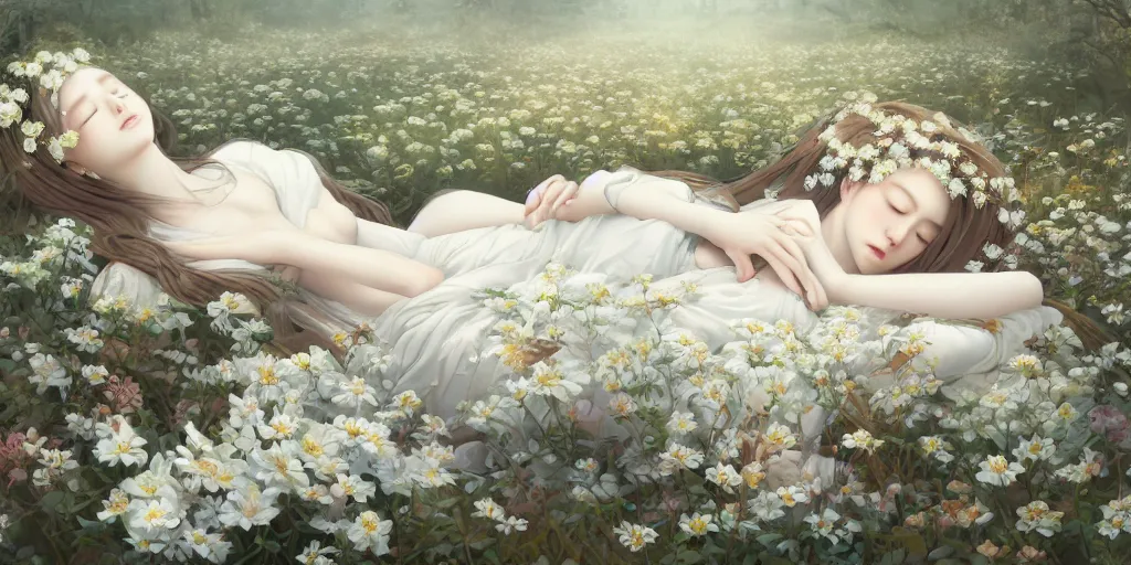 Image similar to breathtaking detailed concept art painting of the sleeping in field goddess of white flowers, orthodox saint, with anxious, piercing eyes, ornate background, amalgamation of leaves and flowers, by Hsiao-Ron Cheng, James jean, Miho Hirano, Hayao Miyazaki, extremely moody lighting, 8K