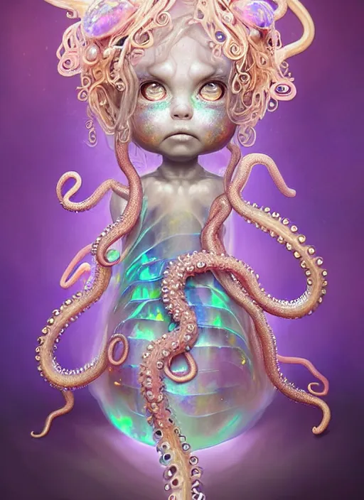 Image similar to A full shot of a cute magical monster Cryptid wearing a dress made of opals and tentacles. Chibi. Subsurface Scattering. Translucent Skin. Caustics. Prismatic light. defined facial features, symmetrical facial features. Opalescent surface. Soft Lighting. beautiful lighting. By Giger and Ruan Jia and Artgerm and WLOP and William-Adolphe Bouguereau and Loish and Lisa Frank. Sailor Moon. trending on artstation, featured on pixiv, award winning, sharp, details, intricate details, realistic, Hyper-detailed, HD, HDR, 4K, 8K.