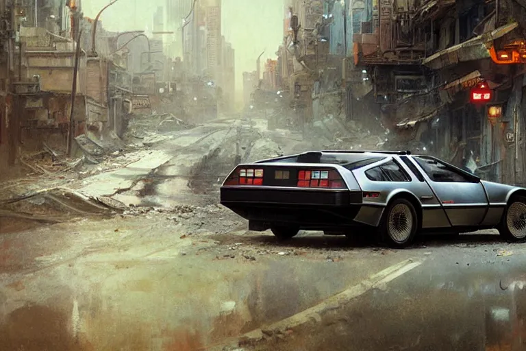 Image similar to photograph of the delorean driving down the streets of a cyberpunk abandoned city, by greg rutkowski, by stanley artgerm, by alphonse mucha