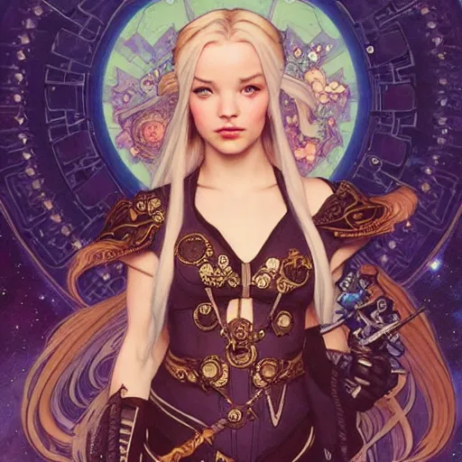 Prompt: full portrait of space pirate played by a woman who is a perfect mix of lalisa gray and dove cameron, fantasy, d & d, intricate, detailed, by by alphonse mucha, adolfo hohenstein, alice russell glenny, stanley artgerm lau, greg rutkowski, detailed, trending on artstation, trending on artstation, smooth