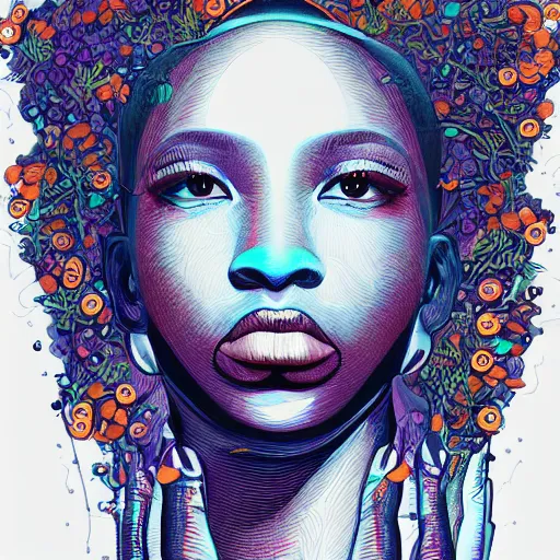 Image similar to the head of a beautiful black woman partially made of carrots and blueberries looking up, an ultrafine detailed illustration by james jean, final fantasy, intricate linework, bright colors, behance contest winner, vanitas, angular, altermodern, unreal engine 5 highly rendered, global illumination, radiant light, detailed and intricate environment