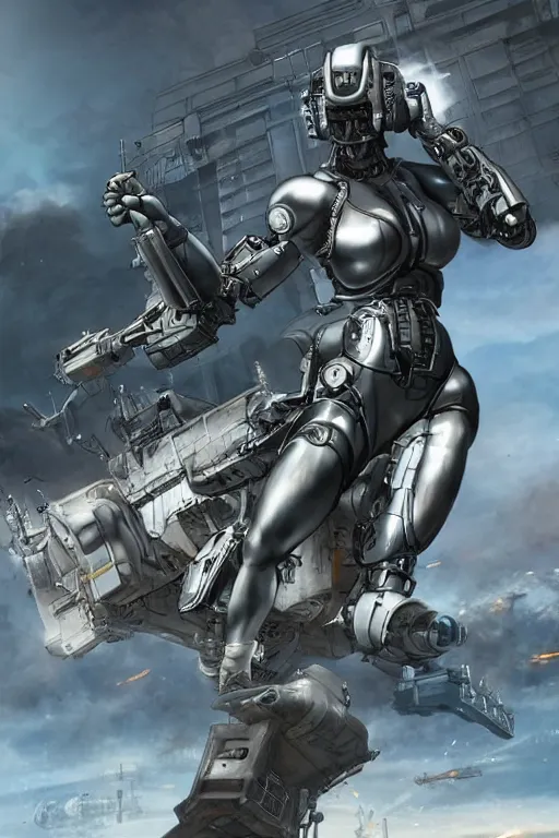 Image similar to an epic view of a futuristic cyborg woman lifting a military tank above her head, on a battlefield, smoke, fires, distant explosions, in the style of masamune shirow, cinematic, hyper - realistic, highly detailed digital art