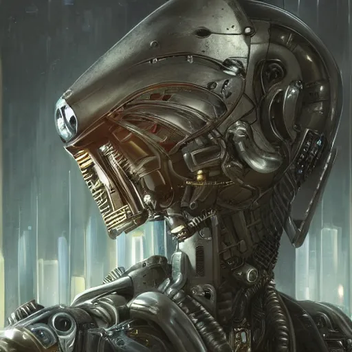 Image similar to low angle shot of a cyberpunk gazmask robot character, intricate, elegant, highly detailed, centered, digital painting, artstation, concept art, smooth, sharp focus, illustration, artgerm, Tomasz Alen Kopera, Peter Mohrbacher, donato giancola, Joseph Christian Leyendecker, WLOP, Boris Vallejo