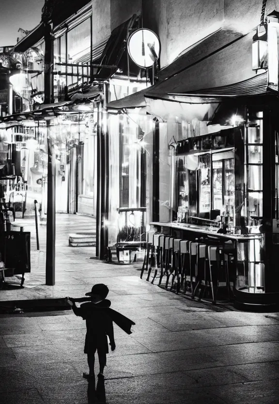 Prompt: little boy holding an umbrella in front of a bar at night, full moon, minimalist, black and white artwork