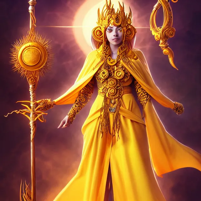 Image similar to beautiful elemental sun witch with ornate yellow robes and staff, highly detailed, 4 k, hdr, smooth, sharp focus, high resolution, award - winning photo, artgerm, photorealistic