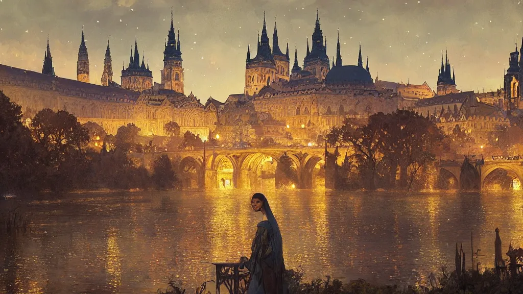 Image similar to a beautiful painting of a view from the river of a arabian prague cathedral palaces, at night with a sky full of stars, intricate, elegant, highly detailed, digital painting, artstation, concept art, by krenz cushart and artem demura and alphonse mucha