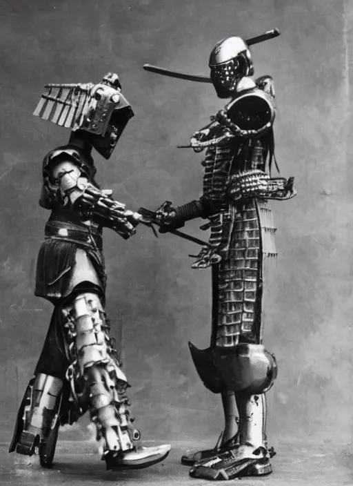 Prompt: old photo of a samurai fighting a cybernetic robot soldier
