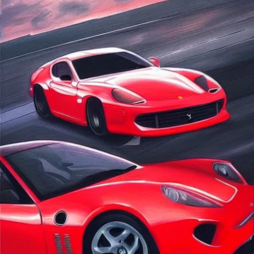 Image similar to fast sportscar reminiscent of ferrari and porsche, shiny, red, beautiful lighting, photorealistic, sharp, sunset, artgerm