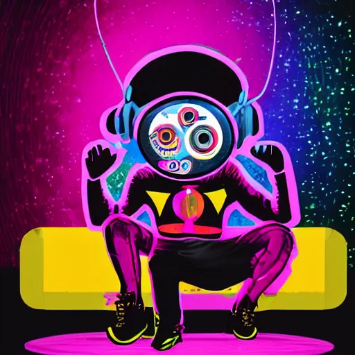 Image similar to svg sticker of a Pop-Wonder Alien-Bog-Monster-Swamp-Rat-Thunder-Coot-Racing-Fan at a rave, spinning records, giant headphones rocking out, wearing headphones, huge speakers, dancing, rave, DJ, spinning records, digital art, amazing composition, rule-of-thirds, award-winning, trending on artstation, featured on deviantart