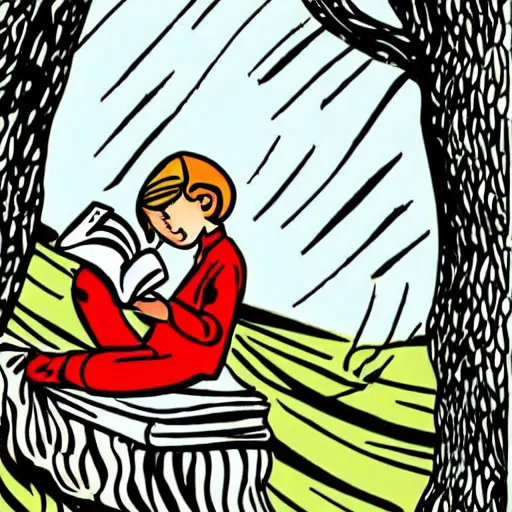 Prompt: in the style of soviet cartoon. a girl reads a book under a tree.