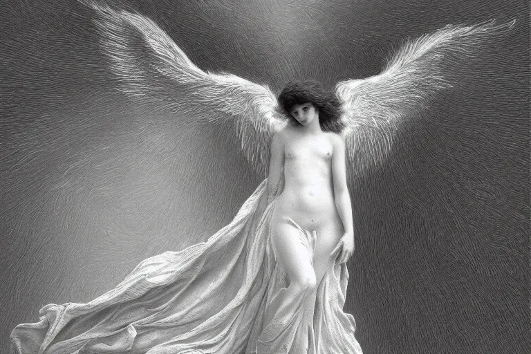 Image similar to a white angel with feathered wings open, digital art in the style of gustave dore, 4k