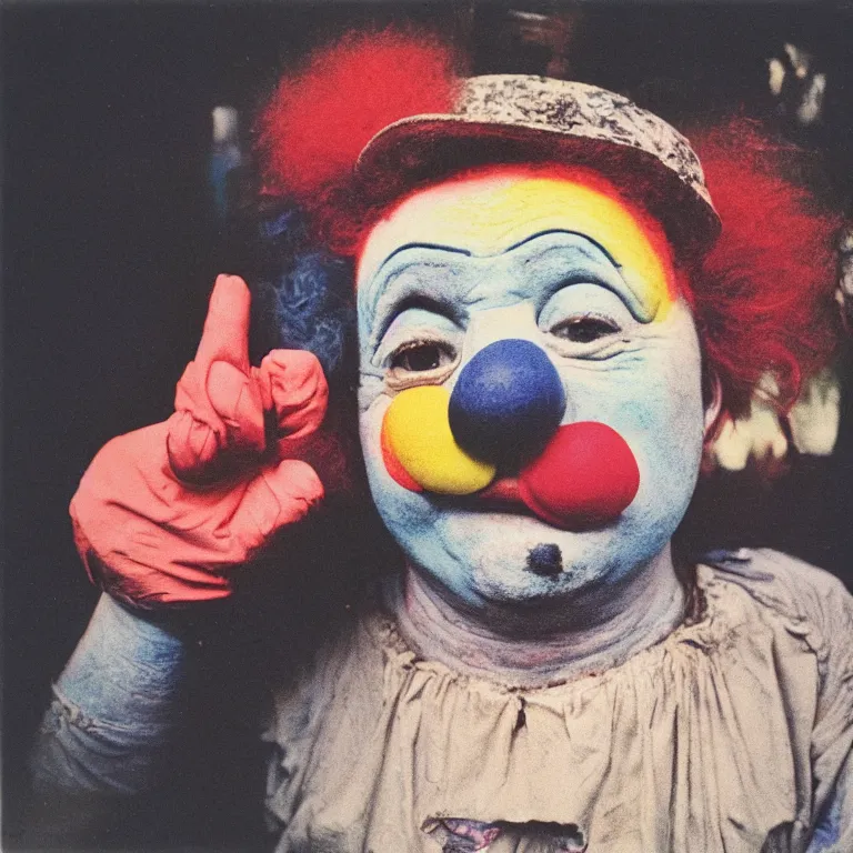 Image similar to color photo of the world's happiest clown, weathered polaroid, circa 1 9 8 6, technicolor, archival quality image, photograph scanned by