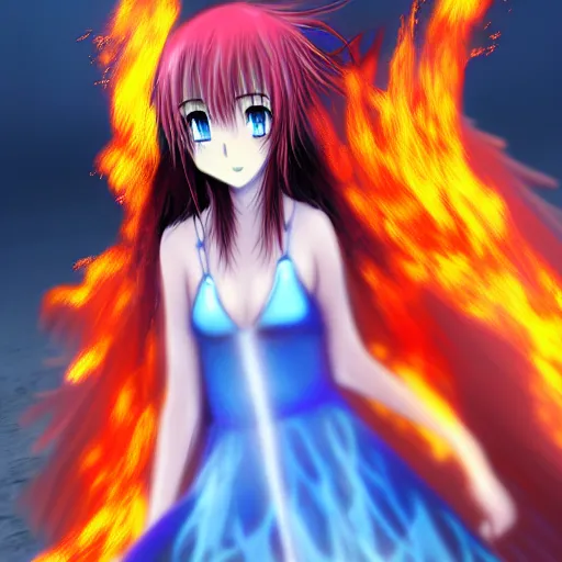 Image similar to advanced digital anime art, a very cute gorgeous teenage girl made of fire and ice with red fiery watery eyes glancing over her left shoulder wearing a dress made of water is standing in an apocalyptic burning city, full body, full round face, dramatic cinematic lighting, highly intricately detailed, medium shot, mid-shot, trending on pixiv, Artstation, Sakimimichan