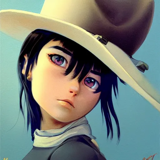 Image similar to A cowboy cat with big and cute eyes, fine-face, realistic shaded perfect face, fine details. realistic shaded lighting poster by Ilya Kuvshinov katsuhiro otomo ghost-in-the-shell, magali villeneuve, artgerm, Jeremy Lipkin and Michael Garmash, Rob Rey and Kentarõ Miura style, trending on art station