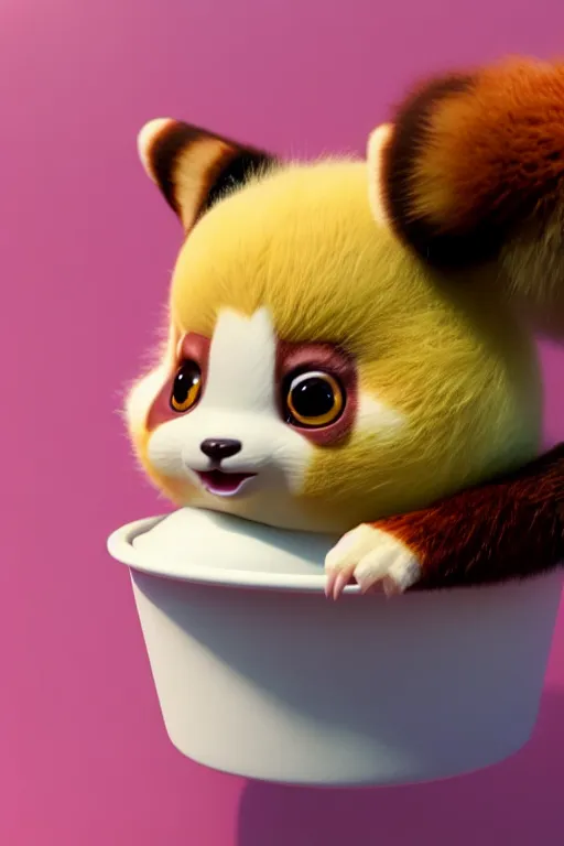 Image similar to high quality 3 d render hyperrealist very cute pastel fluffy! red panda & tarsier hybrid suspicious eating giant ice cream, vray smooth, in the style of detective pikachu, hannah yata charlie immer, very dramatic light, low angle, uhd 8 k, shallow depth or field