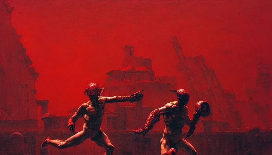 Image similar to only with red, a red gladiator in a crowded roman amphitheatre, crowd cheers him, in the style of beksinski and edward hopper and rodcenko and yue minjun, intricate and epic composition, red by caravaggio, highly detailed, masterpiece, red light, artstation