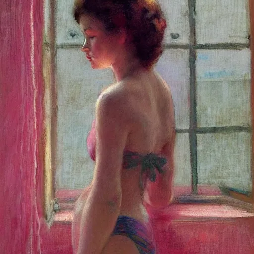 Image similar to A woman looking through a rainy window, back view, pink string bikini, modest, 1950s, americana, award-winning, warm colors, by Ilya Repin, deviantart
