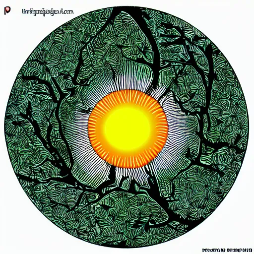 Image similar to upside down sun with trees coming out of it and enveloping it entirely, digital drawing