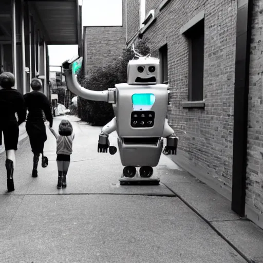 Image similar to in the style of 1960s, scary robot is chasing kids down the ally