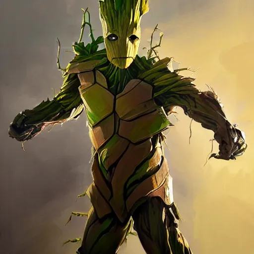 Image similar to greg manchess portrait painting of armored groot as overwatch character, medium shot, asymmetrical, profile picture, organic painting, sunny day, matte painting, bold shapes, hard edges, street art, trending on artstation, by huang guangjian and gil elvgren and sachin teng