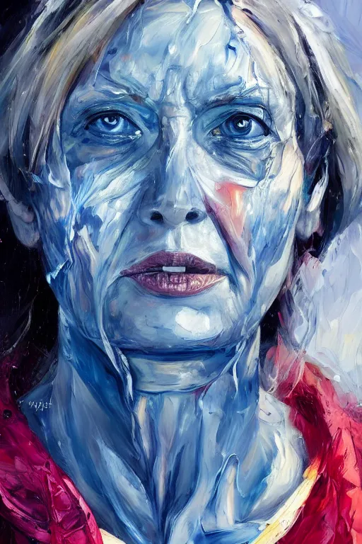 Image similar to palette knife oil painting portrait dr krystal knight, woman, late 4 0 s, eyes filled with icy hate, extreme detail, artstation trending, ice, cold, freezing, blue, artgerm, any racial background, deviant art, octane, substance, art history 8 k