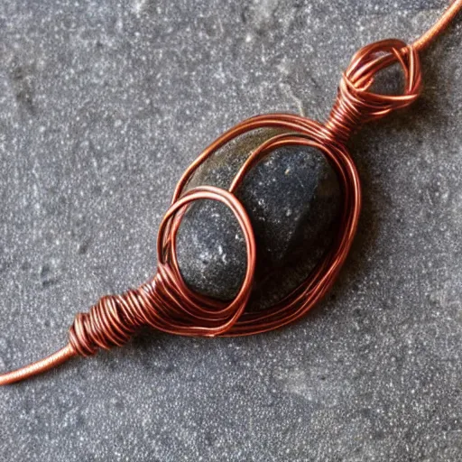 Image similar to beautiful but simple amulet made from sandstone and dirtstone, bound together by copper wire