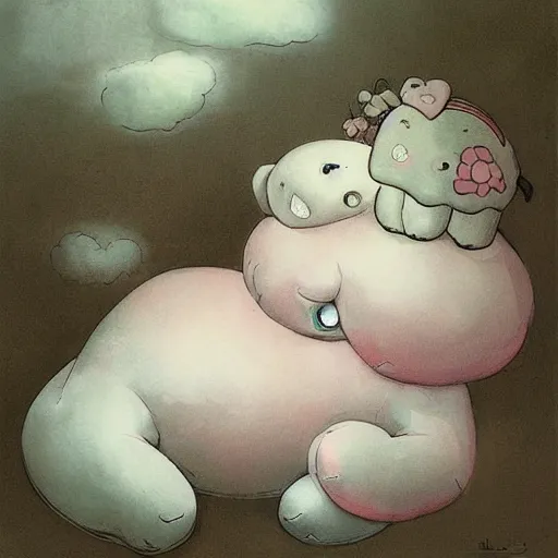 Image similar to “falling asleep with cute elephants made from clouds, illustration, detailed, smooth, pink white and green, by Adolf lachman, studio ghibli, Goya,”