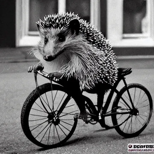 Prompt: a photo of a hedgehog riding a bicycle and wearing a top hat