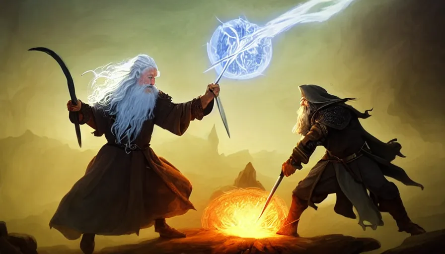 Image similar to gandalf fighting a monster with his magic, in a fantasy medieval land, d & d, fantasy, action pose, particle effects, digital painting, concept art, matte, sharp focus, volumetric lighting, illustration, hearthstone, artgerm, moebius, wlop, craig mullins, alphonse mucha