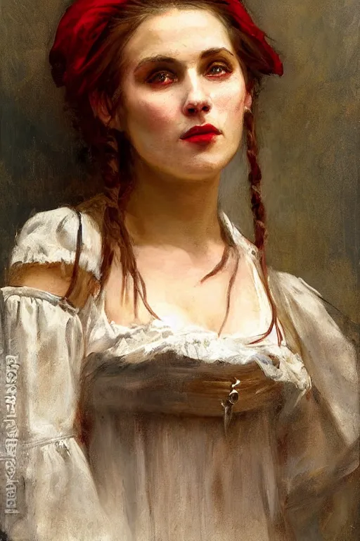 Image similar to Solomon Joseph Solomon and Richard Schmid and Jeremy Lipking victorian genre painting full length portrait painting of a young beautiful woman traditional german french pirate wench in fantasy costume, red background